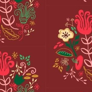 Maroon Vintage Floral Smaller Scale // Hand Drawn Funky Flowers Bright & Cheery