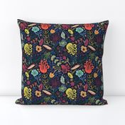 Navy Vintage Floral Larger Scale // Hand Drawn Funky Flowers Bright & Cheery
