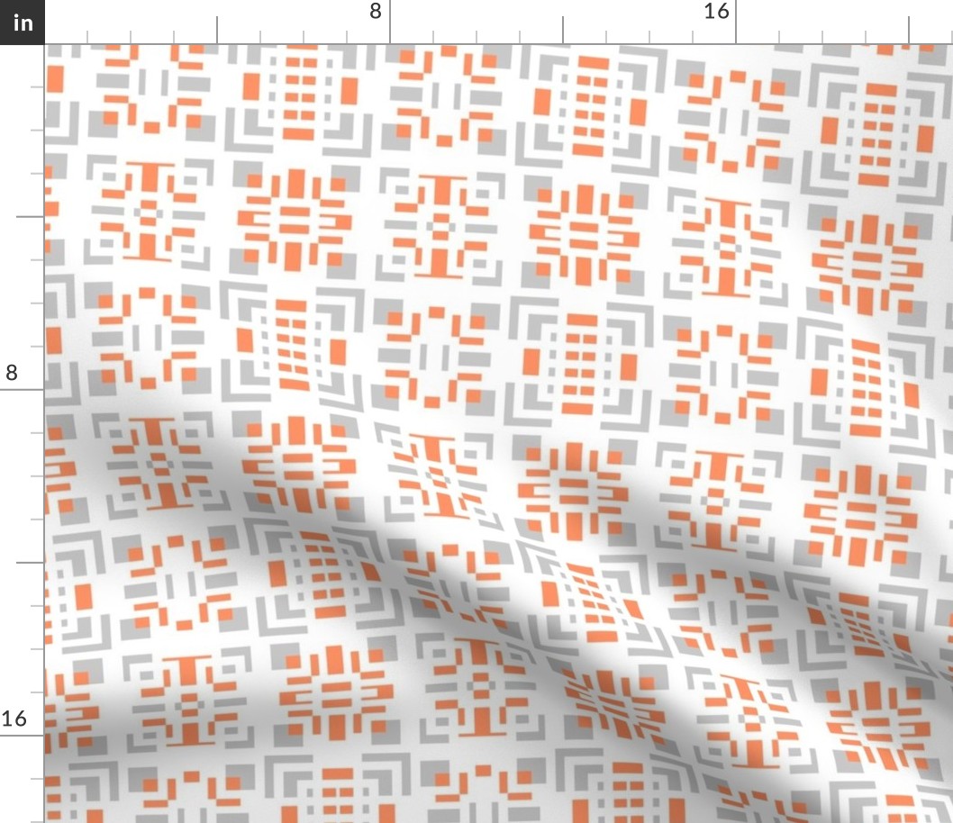 Maze abstract in orange, gray and white mid century styling