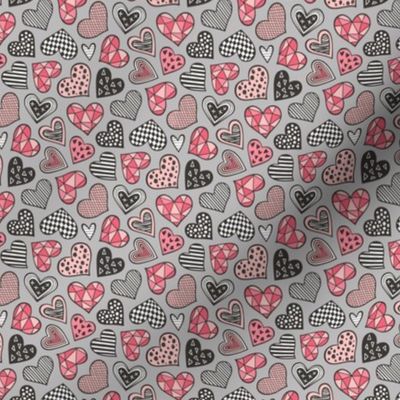 Geometric Patterned Hearts Valentines day Doodle Red Peach Pink on Grey Tiny Small