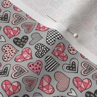 Geometric Patterned Hearts Valentines day Doodle Red Peach Pink on Grey Tiny Small