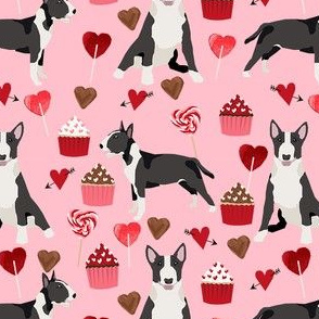 bull terrier black and white coat dog breed fabric valentines day hearts cupcakes pink