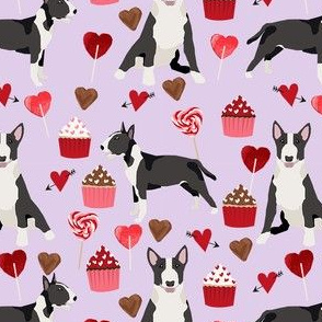 bull terrier black and white coat dog breed fabric valentines day hearts cupcakes purple