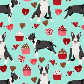 bull terrier black and white coat dog breed fabric valentines day hearts cupcakes blue