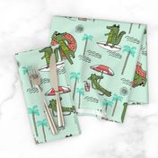 alligator vacation // tropical beach gator cute animal fabric character mint