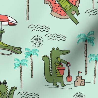 alligator vacation // tropical beach gator cute animal fabric character mint