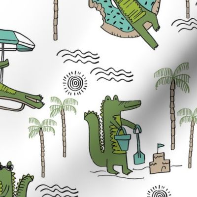 alligator vacation // tropical beach gator cute animal fabric character white 