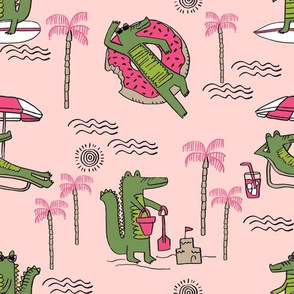 alligator vacation // tropical beach gator cute animal fabric character medium pink