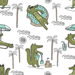alligator vacation // tropical beach gator cute animal fabric character white green