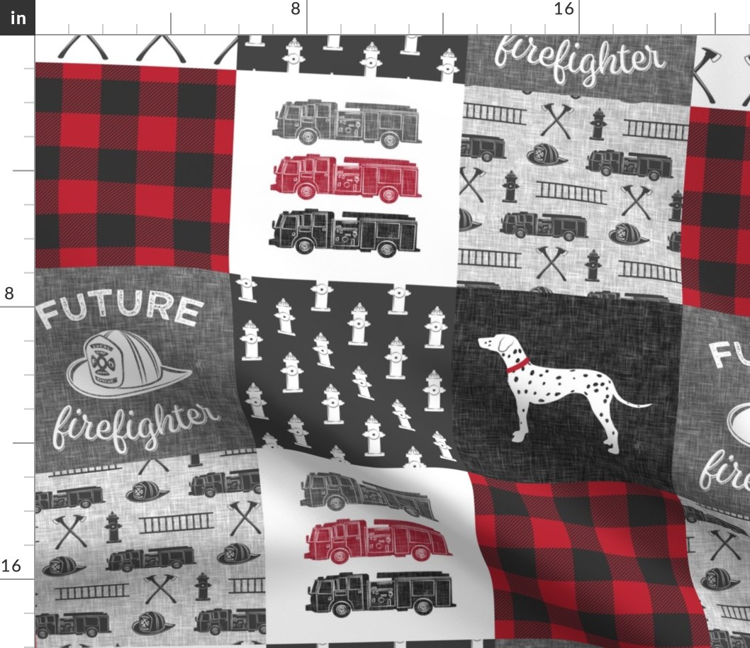 future firefighter patchwork fabric - plaid - dark grey and red