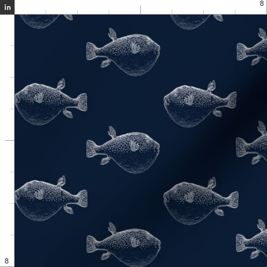 Puffer fish pufferfish silver on navy Fabric | Spoonflower