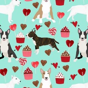 bull terrier mixed coat colors cupcakes hearts love dog breed  valentines blue