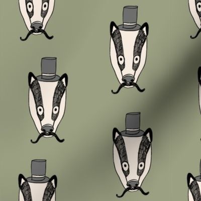 badger man // cute badgers character kids mustache top hat fabric army green