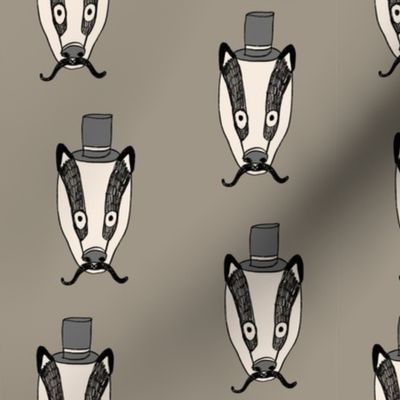 badger man // cute badgers character kids mustache top hat fabric grey green