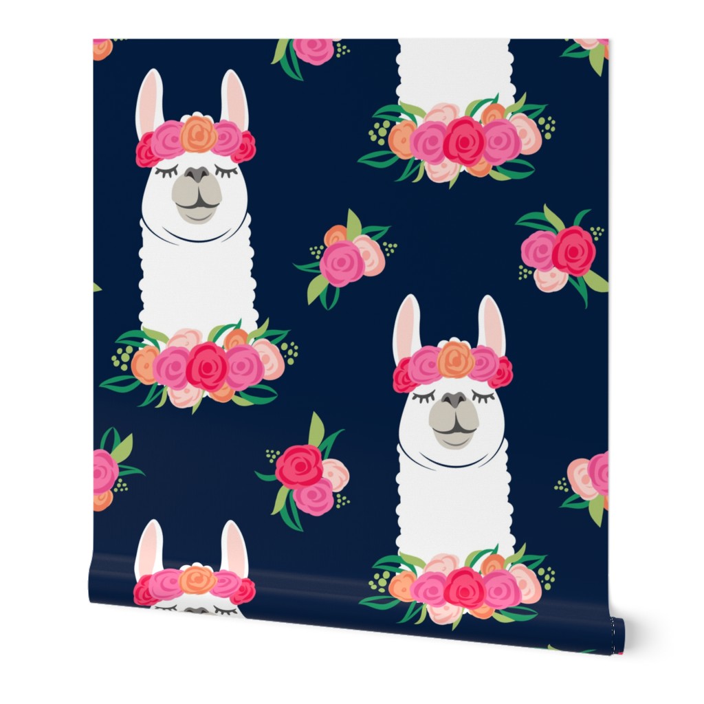 floral llama - spring colors on navy