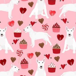 bull terrier white coat cupcakes love hearts valentines day dog fabric pink