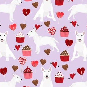 bull terrier white coat cupcakes love hearts valentines day dog fabric purple