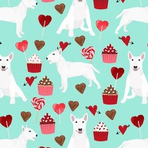 bull terrier white coat cupcakes love hearts valentines day dog fabric turquoise