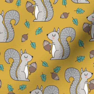 Forest Squirrel Squirrels with Leaves &  Acorn Autumn Fall on Mustard Yellow