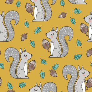 Forest Squirrel Squirrels with Leaves &  Acorn Autumn Fall on Mustard Yellow