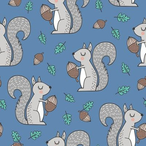 Forest Squirrel Squirrels with Leaves &  Acorn Autumn Fall on Dark Blue Navy