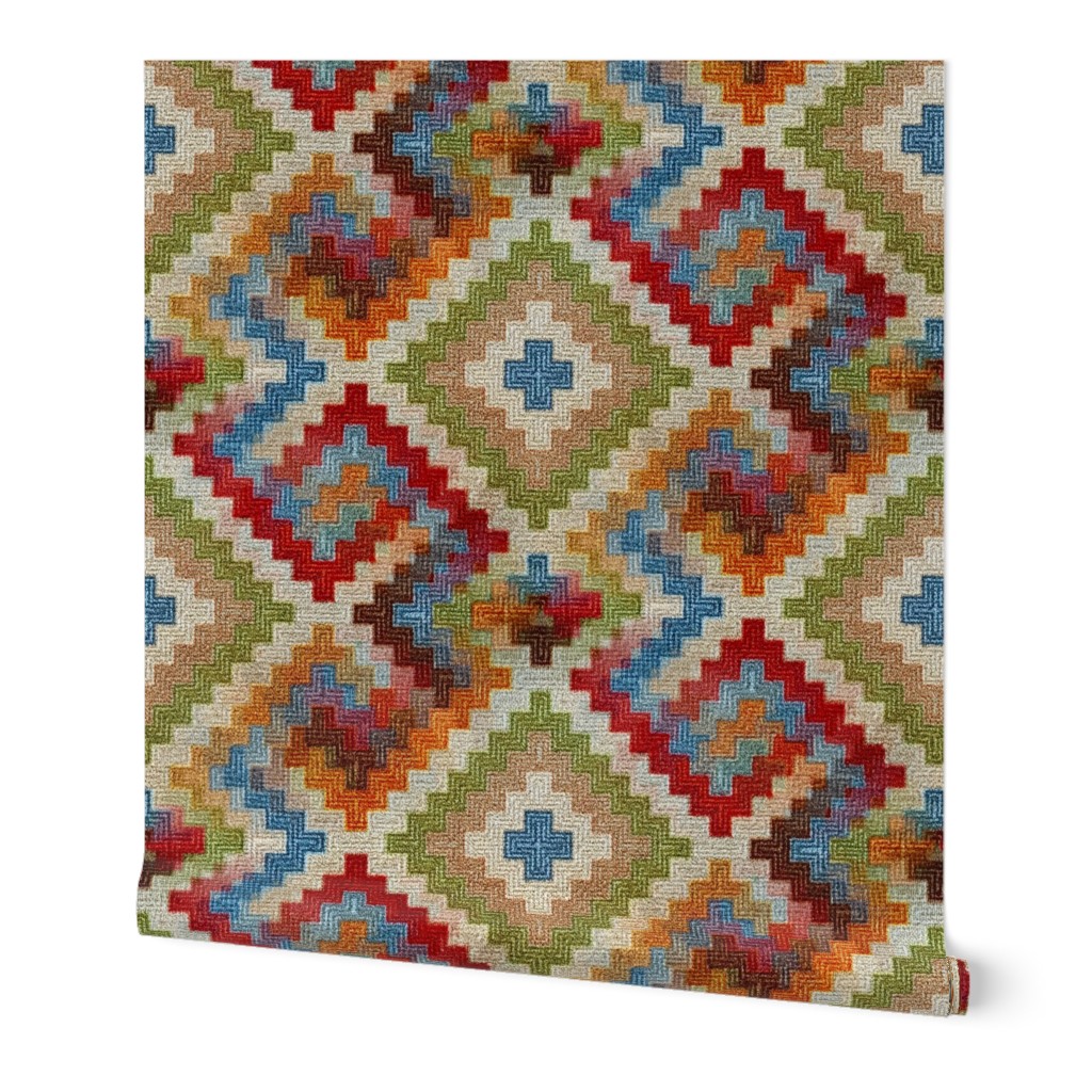 kilim rug design, large scale, beige red green blue orange