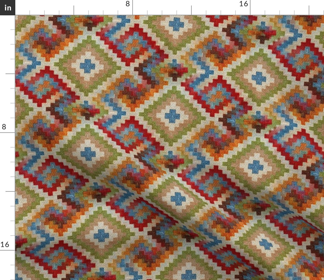 kilim rug design, large scale, beige red green blue orange