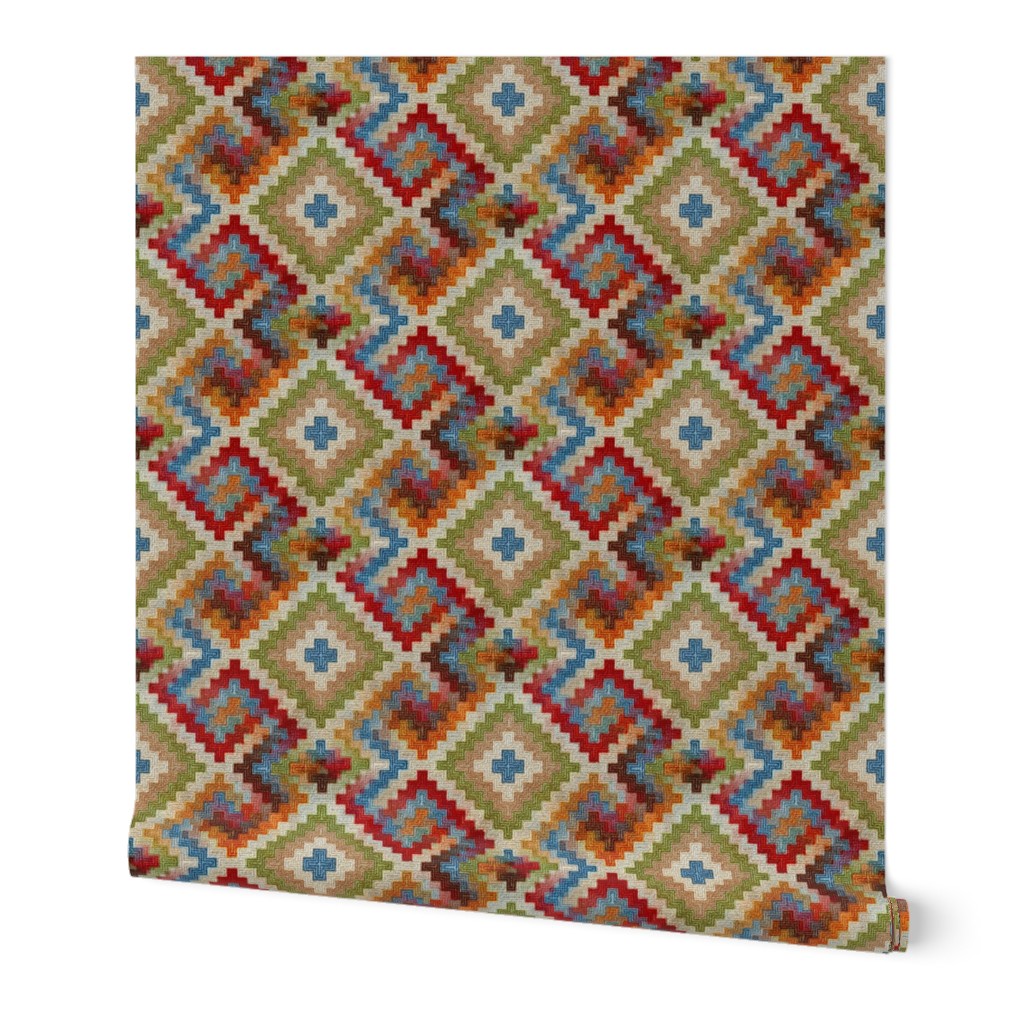 kilim rug design, small scale, beige red green blue orange