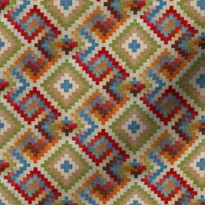 kilim rug design, small scale, beige red green blue orange