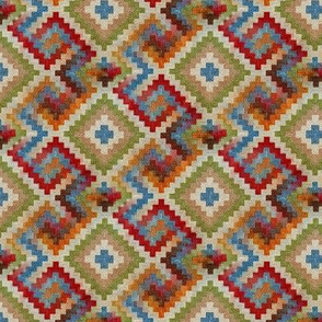 kilim rug design, small scale, beige red green blue orange