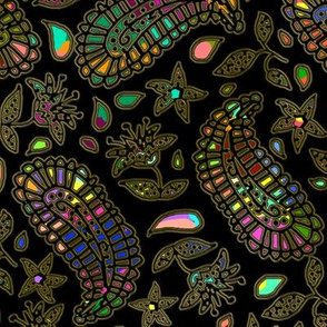 Rainbow Paisley on Black with Tan Edging