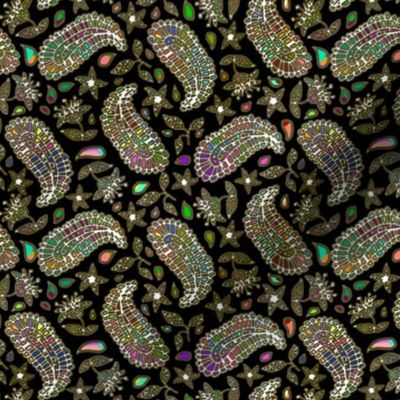 White Rainbow Paisley on Black with Faux Gold