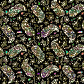 White Rainbow Paisley on Black with Faux Gold