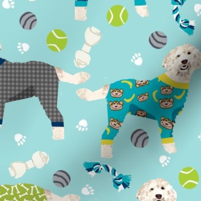 golden doodle in jammies fabric  - pjs, pajamas, pyjamas - blue (LARGE VERSION)