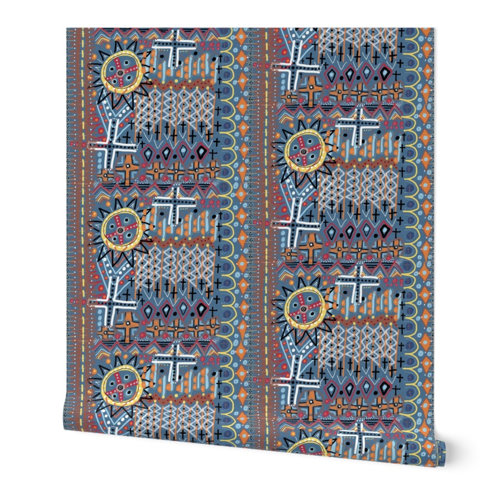 African sun design, large scale, blue orange yellow red brown