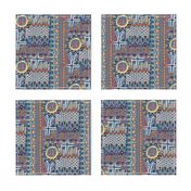African sun design, large scale, blue orange yellow red brown