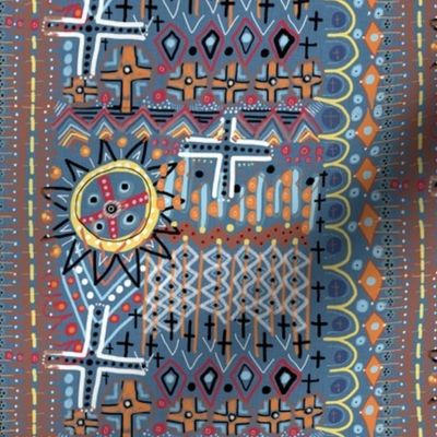 African sun design, large scale, blue orange yellow red brown