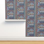 African sun design, large scale, blue orange yellow red brown