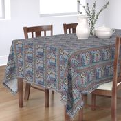 African sun design, large scale, blue orange yellow red brown