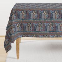 African sun design, large scale, blue orange yellow red brown