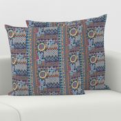 African sun design, large scale, blue orange yellow red brown