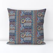 African sun design, large scale, blue orange yellow red brown