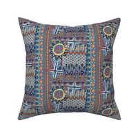 African sun design, large scale, blue orange yellow red brown