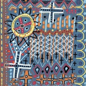 African sun design, large scale, blue orange yellow red brown