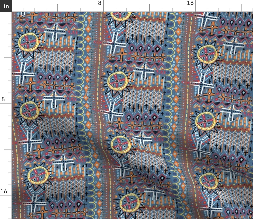 African sun design, large scale, blue orange yellow red brown