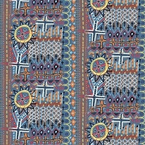 African sun design, small scale, blue orange yellow red brown