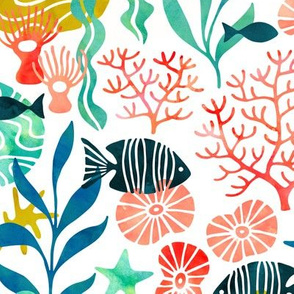 Ocean plants and fish in watercolor (no pink)