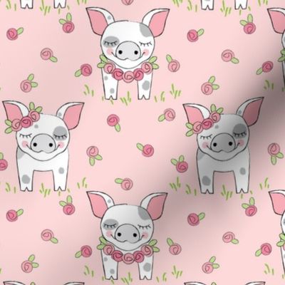 spotted pigs-with-roses-on-pink