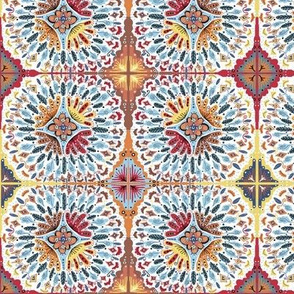 spanish tiles, small scale, blue yellow red brown white