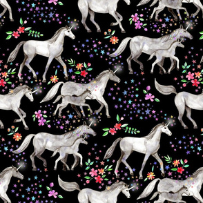 Mom and baby unicorns with stars on black LARGE